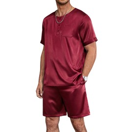 Ekouaer Men Satin Pajamas Set 2 Piece Silk Sleepwear Shorts Button Down Tops Loungewear with Pockets Wine Red