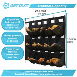 Get Out! Dugout Organizer for Helmets, Gloves, Bats and More - 15 Pocket Baseball Coaching Accessories Tee Ball and Softball Equipment Hanging Fence Rack with 7 Hooks