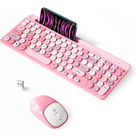 Wireless Keyboard and Mouse Combo, Retro Wireless Keyboard with Round Keycaps, 2.4GHz Full-Size USB Cute Wireless Keyboard Mouse for Computer, Desktop, Laptop and Computer (Pink-Colorful)