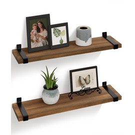 Gronda Wood Floating Shelves for Wall 24 Inch Rustic Natural Pine Shelf Industrial Shelving Wall Decor Storage Organizers Hanging Shelf for Bathroom Living Room Bedroom Kitchen Toilet, Set of 2