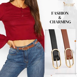 JASGOOD 3 Pack Women Skinny Leather Belt for Dress Pants Jeans Ladies Thin Waist Dress Belts with Shiny Gold Buckle Women(Black+Brown+Beige)