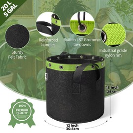 POTLAB Bolsas De Cultivo De Entrenamiento De Bajo Estrés (5 Uds.) Que Incluyen Lazo De Torsión De 100 Pies, Macetas De Cultivo De Tela 5 Galones Negro