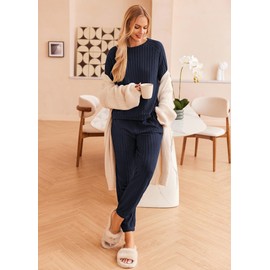 Ekouaer Lounge Sets for Women Ribbed Knit Outfits Pajamas Sets 2 Piece Long Sleeve Sweatsuits with Pockets Blue XXL