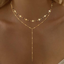 BLThing Layered Necklaces for Women - 14K Gold Plated Dainty Choker Necklace for Women Y-Shaped Body Chain Beach Jewelry Gifts for Teens