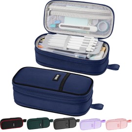 Sooez Large Pencil Case Pouch, Big Capacity Pencil Bag, Portable Stationery Pen Pouch with 4 Compartments, Sturdy Pen Holder Organizer with Handle, Aesthetic School Supplies for Boys Teen Adult, Blue