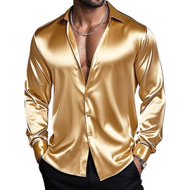 Barry.Wang Mens Gold Silk Satin Dress Shirts Shiny Luxury Champagne Gold Long Sleeve Button Down Shirts Formal Casual Disco