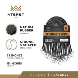 10 Packs Rubber Bungee Cords w/Hooks I 15 Inch, 23" Max Stretch I Heavy-Duty Black Tie Down Straps for Outdoor, Tarp Covers, Canvas Canopies, Motorcycle, and Cargo