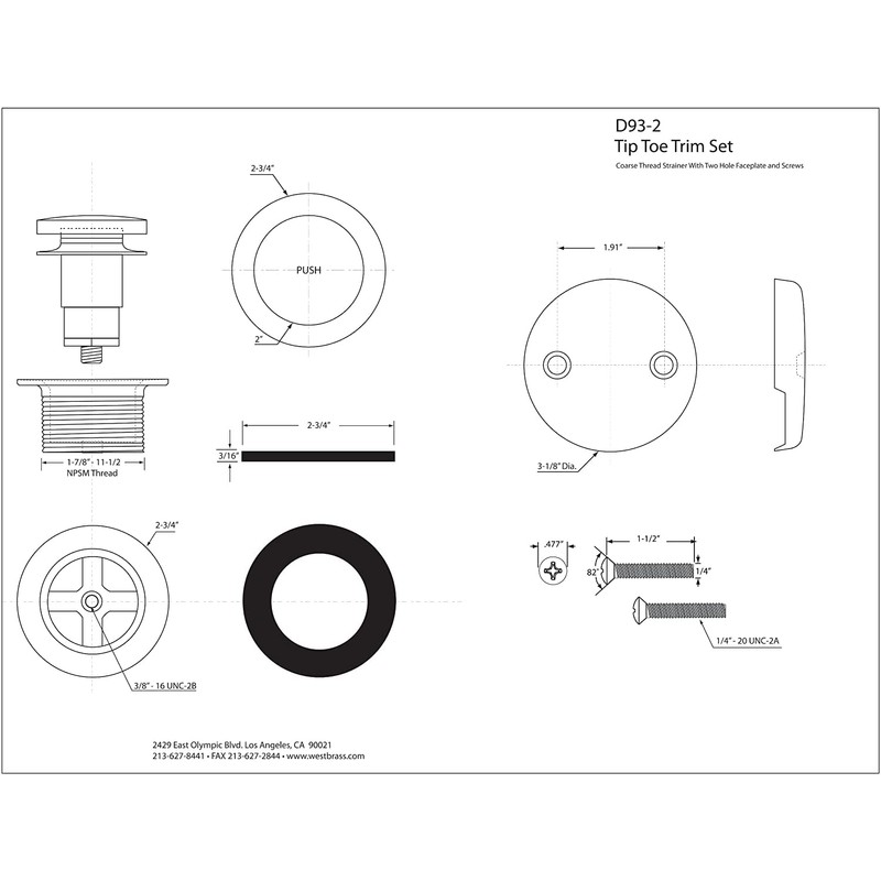 Westbrass R93-2-12 1-1/2" Coarse Thread Tip-Toe Bathtub Drain Trim Set