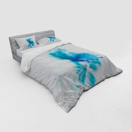 Ambesonne Watercolor Duvet Cover Set, Abstract Blue Butterfly on a Blooming Flower Romantic Design, 4 Piece Bedding Set with Shams and Fitted Sheet, Queen Size, Blue Sky Blue White