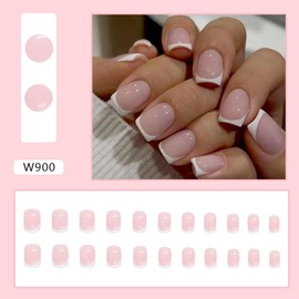 24 Pcs Pink Press on Nails Short Square - MINGCHUN Spring Summer White Fake Nails Press ons French Nail Art Tips with French fashion Design Full Cover Acrylic False Nails Glue on Nails Stick on Nails