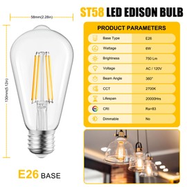Brightown 12 Pack LED Edison Bulbs, 6W, Equivalent 60W, High Bright 2700K Warm White,750 Lumens, Non-Dimmable, E26 Medium Base ST58 Antique Filament Bulbs with 83+ CRI for Ceiling Fan Bathroom Porch