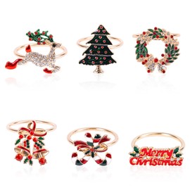 12pcs Christmas Napkin Rings, 6 Designs Xmas Napkin Holder Buckle Christmas Tree Merry Christmas Wreath Jingle Bell Reindeer Candy Cane Gold Napkin Rings for Holiday Table Dinner Wedding Party Decor