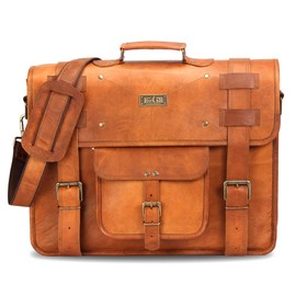 HULSH Spacious Leather laptop bag for men briefcase bag Everyday bag Handmade leather messenger bag for men 17 inch laptop (Tan)