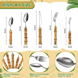 Eboot Bamboo Silverware Set 18/8 Stainless Steel Tableware Set Natural Utensil Flatware Kit Spoon Fork Knives Bamboo Handle Cutlery for Kitchen Wedding Home Restaurant Party(Silver,30 Pieces)