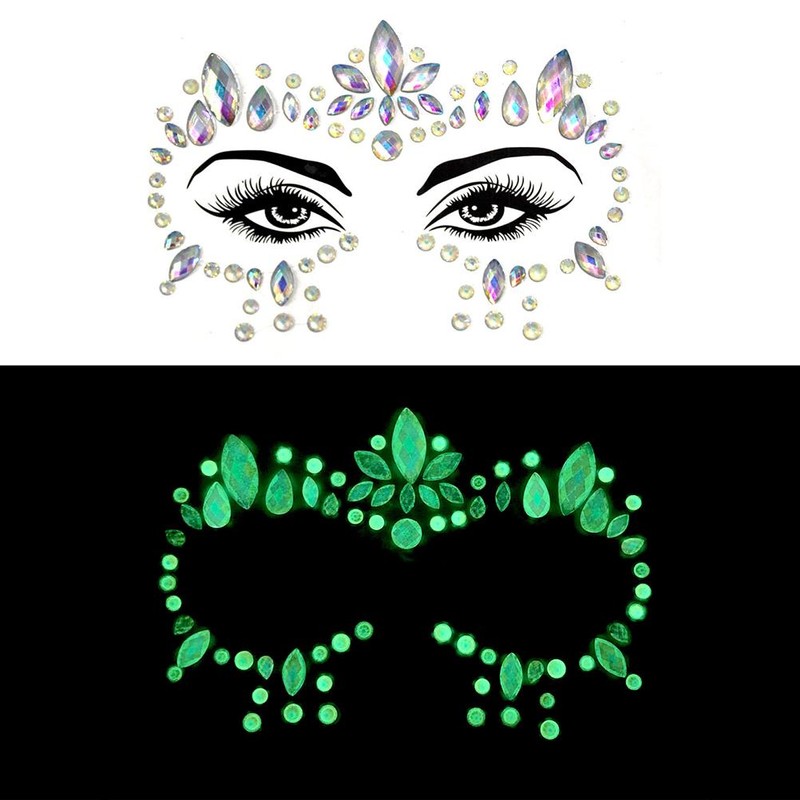 6Pcs Luminous Rhinestones Face Temporary Tattoos Glitter Festival Face Stickers