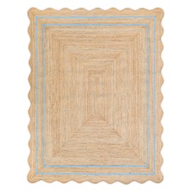 Weaving Village Wave Scalloped Natural Jute Rug Boho Jute Rug Entryway Runner Rug Farmhouse Scallop Rug, Sky Blue (3'x5')