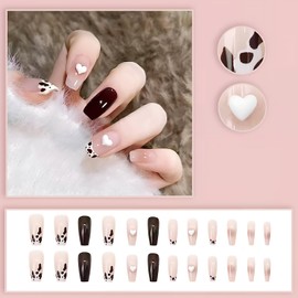 [ALLEVG] Nail Tip, Black, Long, Ballet, 24 Pieces, Nail Tip, Long, 3D Heart, Autumn and Winter, Popular Japanese Style, Cute, Simple, Stylish, Coming of Age Ceremonies, School Entrance Ceremonies,