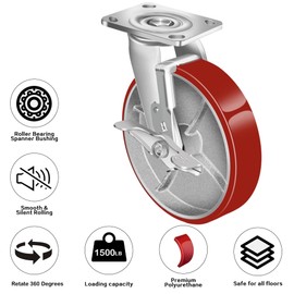 FOVERSWIVE 8"x2" Caster Wheels- Heavy Duty Casters, Polyurethane Casters, Capacity up to 3000 Lb. Use for Platform Truck, U-Boat Cart, Workbenches (2 Brake)
