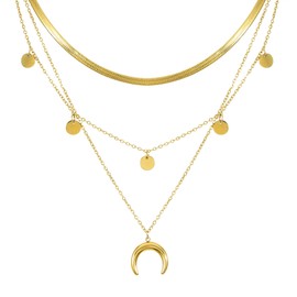 JJDreams Ladies Layered Chain Crescent Pendant Necklace with Pendant Coin Necklace for Women Boho Chain Ladies Adjustable Collarbone Necklace,Gold