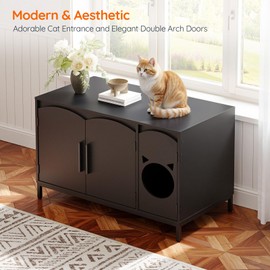 HOOBRO Cat Litter Box Enclosure, Cat Head Decor Storage Cabinet, Hidden Litter Box Furniture with Elegant Arched-Door Design, Wooden Litter Box Cabinet with Iron-Leg, End Side Table, Black BK31MW01