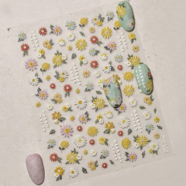 Colorful Flowers Nail Stickers 5D Self-Adhesive Embroidered Daisy Floral Design Decals Spring Daisy Flowers Nail Art Charms for Women DIY Decorations Exquisite Cardboard 1Sheets Set
