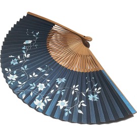Hana-Kanzashi Women's Iron Wire Handled Fan Set with Stainless Steel Holder for Women, 8.5 inches (21.7 cm), Iron Wire, blue