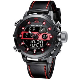 MEGALITH Digital Watch Men Waterproof Military Watch Sports Analog Quartz Multifunctional Tactical Heavy Duty Black Leather Watch, Men's Wrist Watches LED Dual Time Backlight Alarm Stopwatch