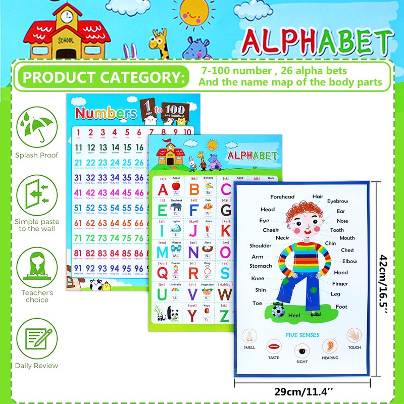 3 Pieces Educational Posters, ICEBLUEOR Laminated Wall Chart Number Senses