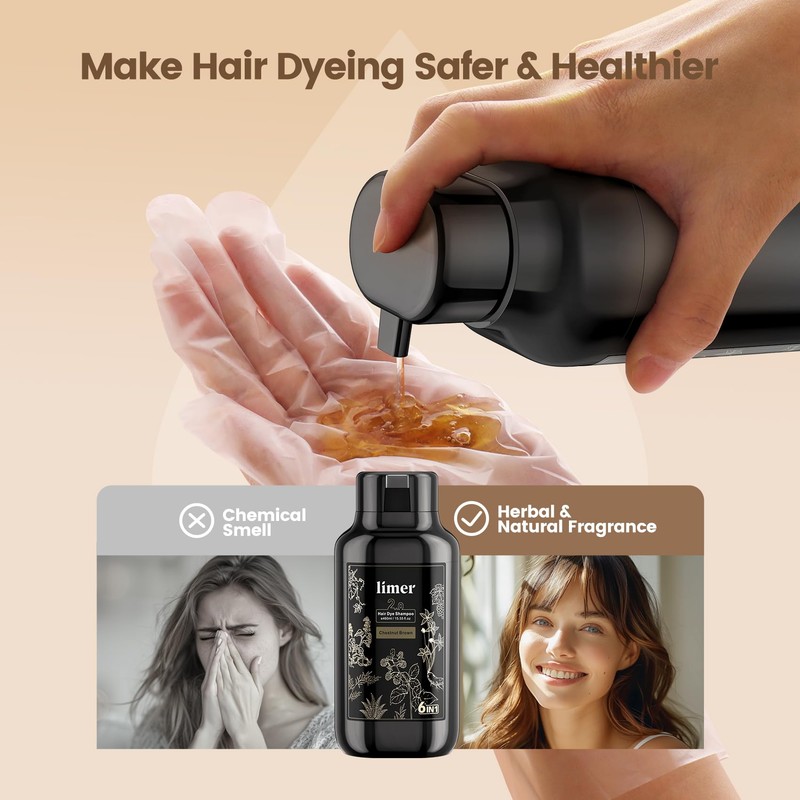 Limer Hair Dye Shampoo, Chestnut Brown 6-in-1 Natural Herbal Hair