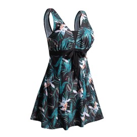 ECUPPER Womens One Piece Swim Dress Plus Size Bathing Suit Swimming Costume Dress with Boy Shorts Floral Green L