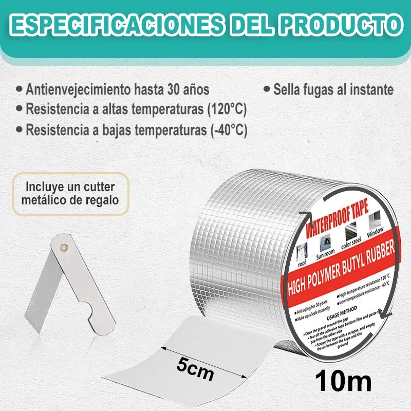Cinta Adhesiva Aluminio Butilo Impermeable Con Cuchillo 10m