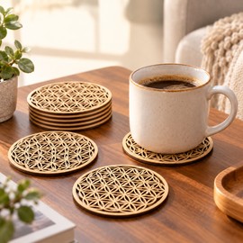 Flower of Life Wooden Coasters for Crystal Displays & Home Decor – 10 Pack Carved Round Wood Mats, 3.9 Inch Decorative Set