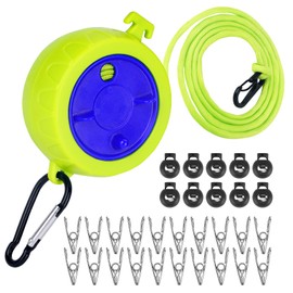 FCOOL Retractable Washing Line, 10 m Portable Anti-Winding Travel Clothesline, Adjustable Camping Washing Line with 10 Fixed Buckles and 20 Clothespins for Camping Outdoor Indoor