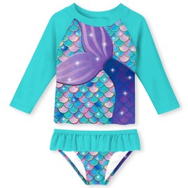 uideazone Girls Cute Mermaid Tail Print Swimsuits 2 Piece Long Sleeve Rash Guard Ruffle Swimwear Beachwear 3-4 Years