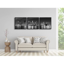Pyradecor Large Black Framed New York City Skyline Night 3 panel Black and White Cityscape Canvas Prints Wall Art for Living Room Bedroom Home Decorations