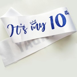 It’s My 10th Birthday Sash,10th Birthday Sash for Girls,Glitter Letter 10th Birthday Sash for Girls,Happy 10th Birthday Party Decorations,White and Blue