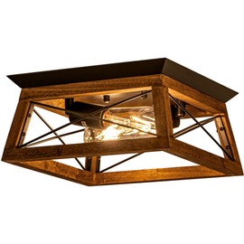Rpzloila Farmhouse Ceiling Light, 2-Light Flush Mount Light Fixture with Metal and Wood Design, Rustic Light Fixture for Kitchen, Entryway, Hallway, Bedroom