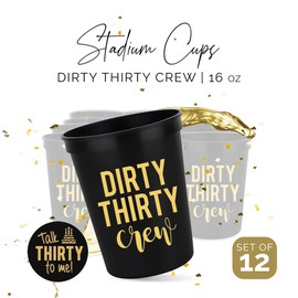 Dirty Thirty Crew 30th Birthday Party Cups, Set of 12-16oz Black and Gold Stadium Cups with "Talk Thirty to Me" Button for Decorations - Dirty 30 Birthday Decorations for Him