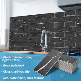 Art3d 102-Piece Faux Stone Peel and Stick Backsplash Tile, Waterproof Thick PVC Stick On Subway Wall Tile for Kitchen Bathroom Laundry Room Fireplace - 3" x 6" Black Marble
