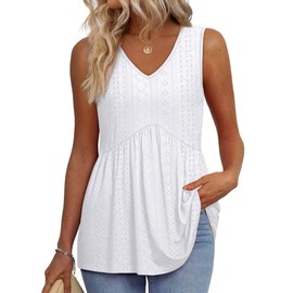 White Tank Top Woman Fashion Clothing Womens Boho Tops Dressy Casual Beach Vacation Clothes Cowgirl Outfits V Neck Empire Waist Eyelet Tank Tops S