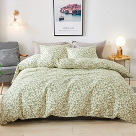 HoneiLife Duvet Cover Queen Size - Cotton Comforter Cover Floral Duvet Cover Sets,Light Green Duvet Cover with Zipper Closure & Corner Ties,3Pcs Soft & Breathable Comforter Cover Sets- Lively Spring