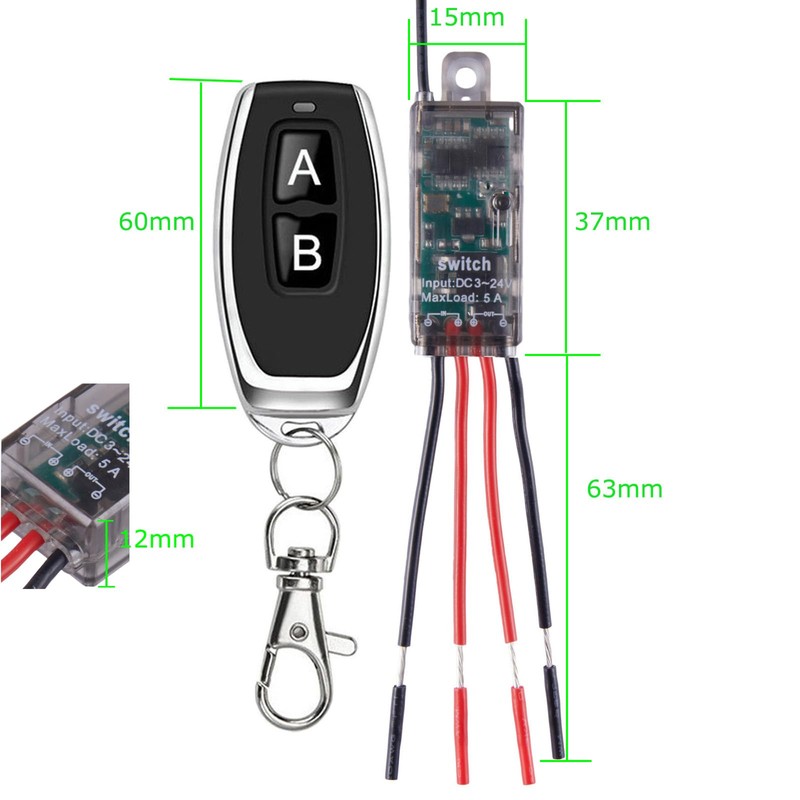 Mini Wireless Switch,5V/12V/24V/5A Relay 2 Way Remote Control Switch 1