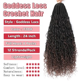 XIIMENALU Boho Faux Locs Crochet Hair 8 Packs Goddess Soft Locs with Curly Ends Pre-Looped Bohemian River Locs Crochet Hair Extensions for Black Women (T30#, 24 Inches (Pack of 8))