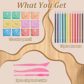 WEBEEDY 12 Sets DIY Mini Erasers Clay Pencil Make Your Own Mini Erasers Set Includes 6 Colors Eraser Clay 12 Colours Pencils 3 Pottery Tools Cute Eraser Making Kit for Adults