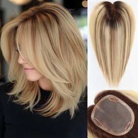 starluck Hair Toppers for Women Real Human Hair,6"*5.5"MONO Large Base,100%Real Human Hair Toppers for Women with Thinning Hair,65g Hand-moven Hair Topper,Add Volume,Ombre Blonde with Brown Highlight