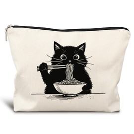 LIANGW Black Cat Makeup Bag, Funny Black Kitty Eat Noodles Cosmetic Bags for Women, Cat Mom Lady Lover Gifts for Women, Pet Lovers Owners Gifts Zipper Makeup Pouch