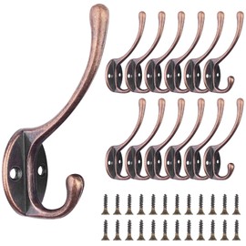 Newaner Pack of 12 Coat Hooks, Vintage Coat Hooks, Gooseneck Hooks, Metal Wall Hooks with 24 Screws, for Bedroom, Coat, Hat, Hook, Bathroom, Kitchen (Red Bronze)