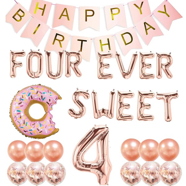 Four Ever Sweet Birthday Decorations, 4 Four Year Old Fourth 4th Birthday Decorations Girl Boy, Donut Birthday Party Decorations, Four Ever Sweet Backdrop Balloons,Donut Themed Birthday Party Supplies