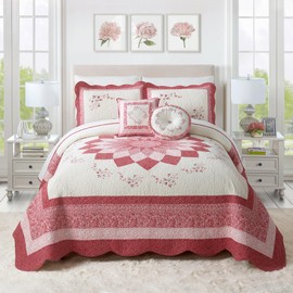 MODERN HEIRLOOM Caroline Embroidered Quilted Bedspread - Lightweight Breathable All Seasons Floral Bedding, Full Size, Red