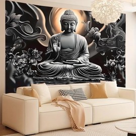FENDROM Meditation Tapestry,Black Lotus Spiritual Gloden Buddha Zen Happiness Wall Hanging Large Tapestries Psychedelic Wall Art Decorations for Bedroom Living Room Dorm